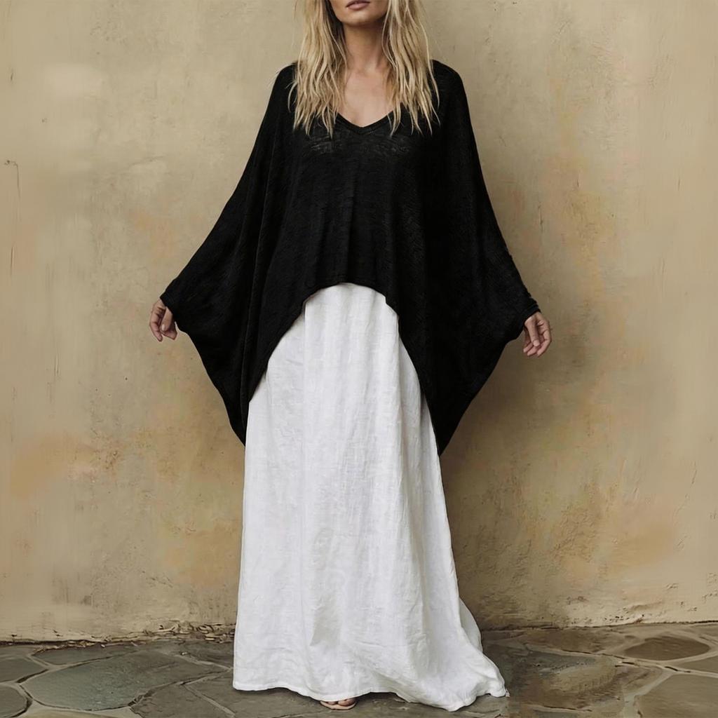 Women's Color V-Neck Long Sleeve Cape Top and Loose Fit Dress Two-Piece Set