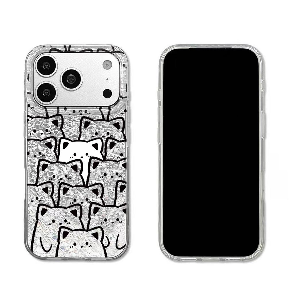 Case for iphone 14 17 Pro XS Max 18 Pro Max 15 13 XR 12 Air 11 16 Plus Silver Glitter Crackle Background Cat Line Patterns