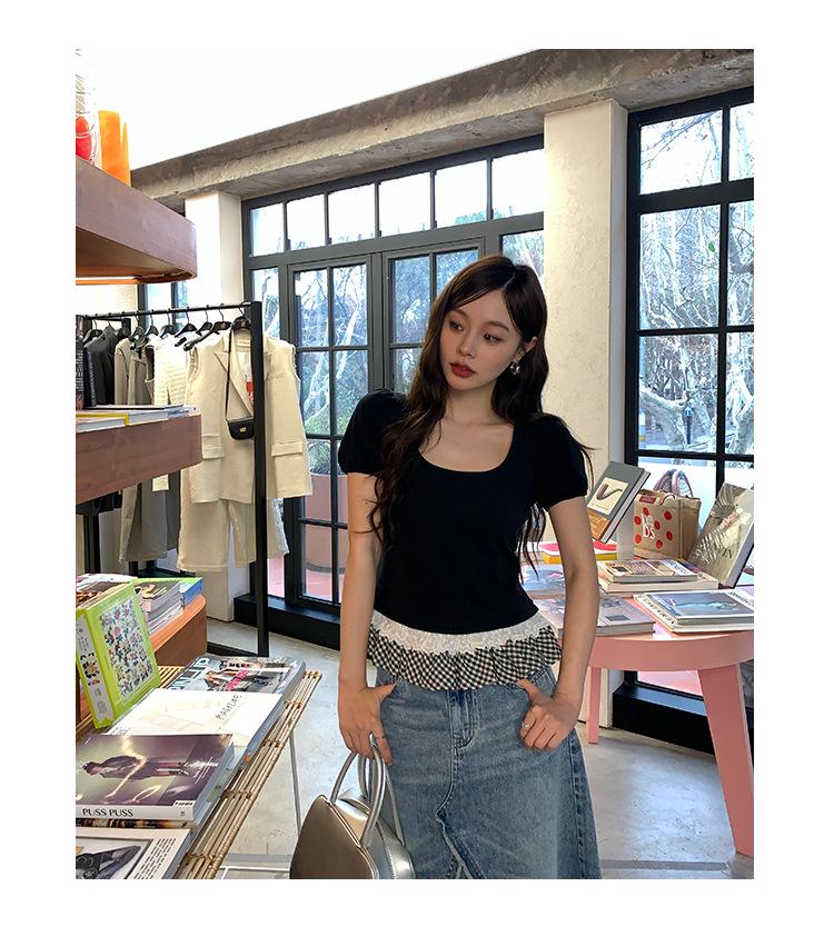 Interpret Beauty Summer 2025 Sweet Lace Trim Slimming Square Neck Short Sleeve T-Shirt S5012