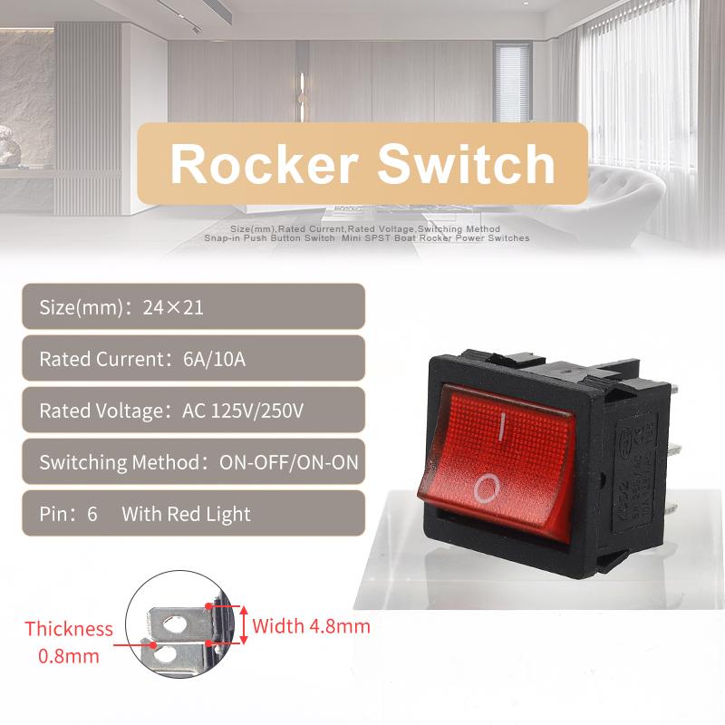 5PCS 24*21mm 4/6 Pin 2/3 Position ON-OFF/ON-OFF-ON/ON-ON Electric Equipment Power Switch Rocker Switch 6A/10A 250V/125V