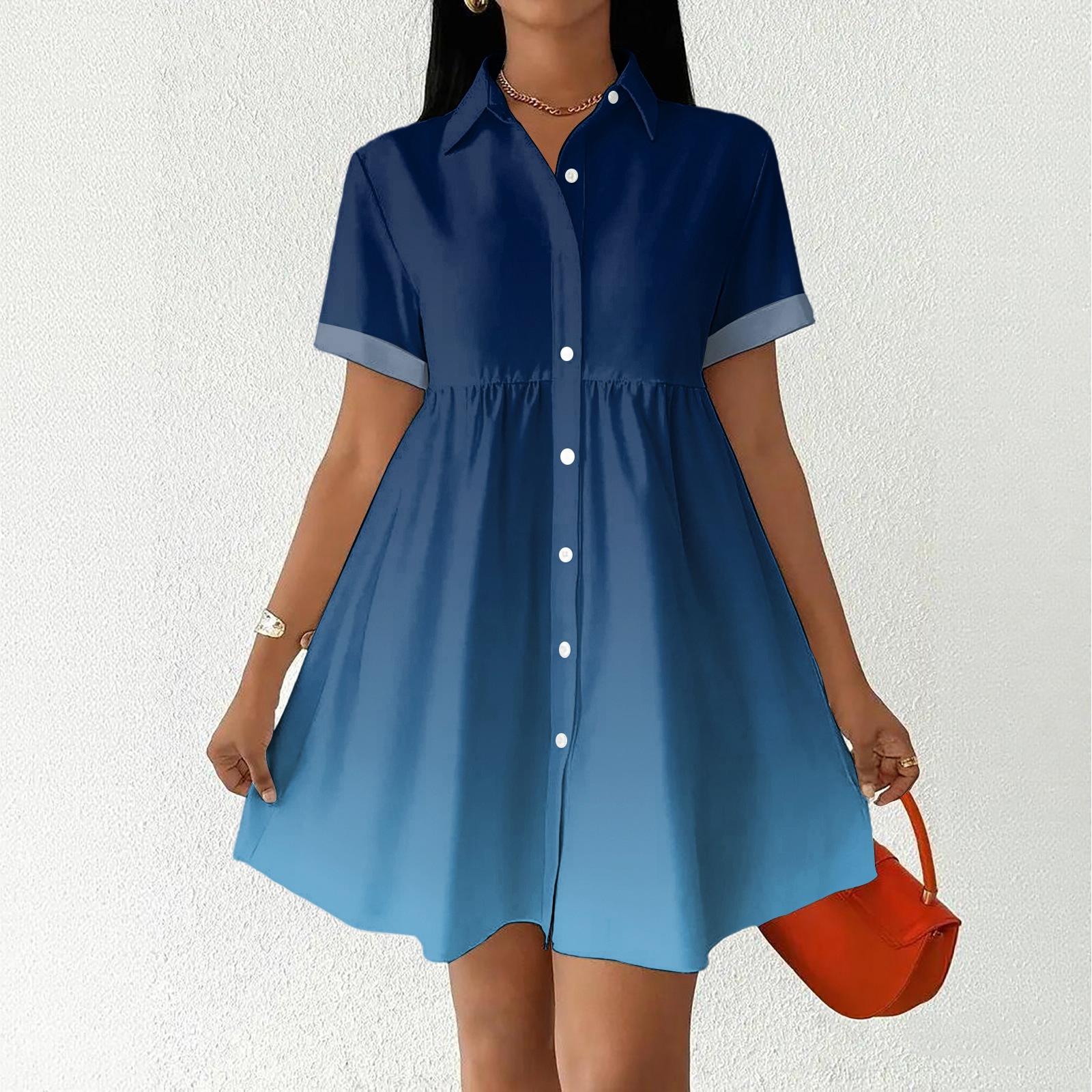 

Women’s Casual Loose Shirt Dress Button Front Stand Collar Short Sleeve Gradient Print Relaxed Fit Tunic Dress for Daily Wear S