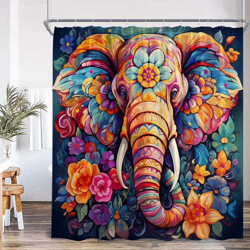 Elephant Boho Shower Curtain Mandala Colorful Flower Doodle Wild Animal Art Bathroom Decior Ethnic Indian Bath Curtain with Hook