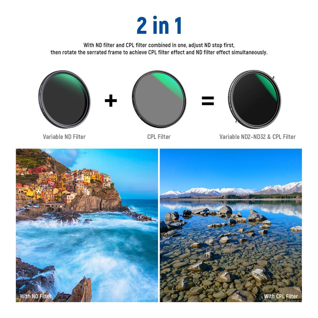 NEEWER 77mm Variable ND Filter CPL Multifunctional No HD Optical Nano 2-in-1 ND2–ND32 & Filter, 2-in-1, X-shaped unevenness, Glass, 30-layer Coating,