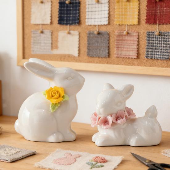 Påskkeramikkaninfigur Mini Blomma Kaninstaty Vår Påsk Hem Kontor Semesterfest Dekoration Prydnad