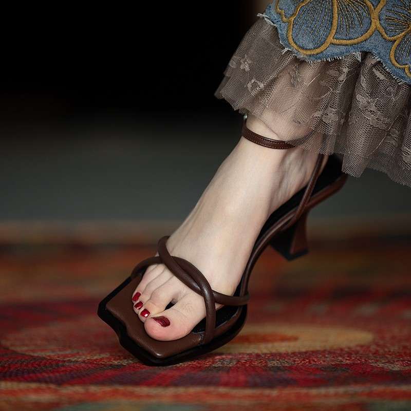 Slim heel sandals women's summer 2025 irregular square head soft sole crossed thin strap open toe one-word strap high heels