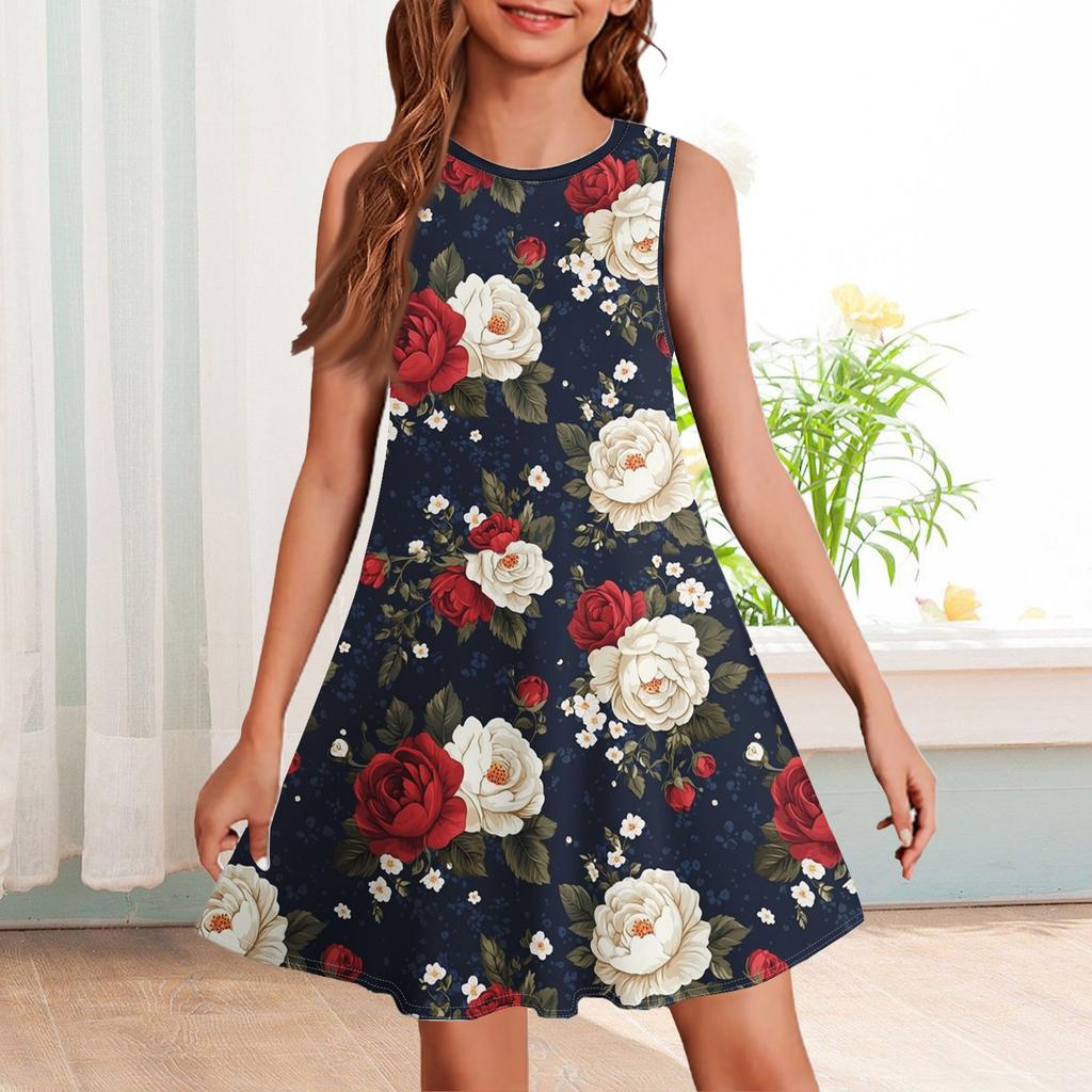 Girl Summer Dress Sleeveless Printed Color Casual Dress