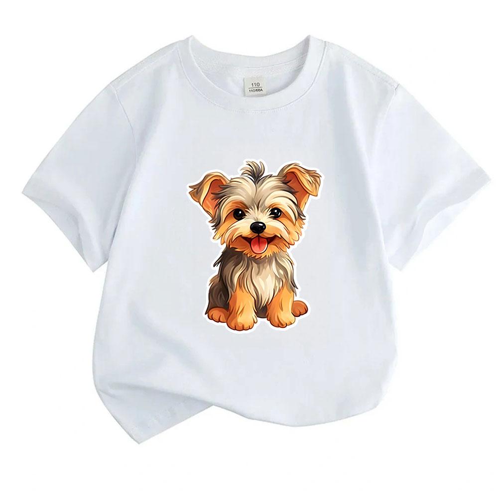 Cute Yorkie Puppy Graphic Kids T Shirt 100% Cotton Crew Neck Short Sleeve Tees for Boys Girls Casual Soft Breathable Animal Dog Print Summer Daily Top