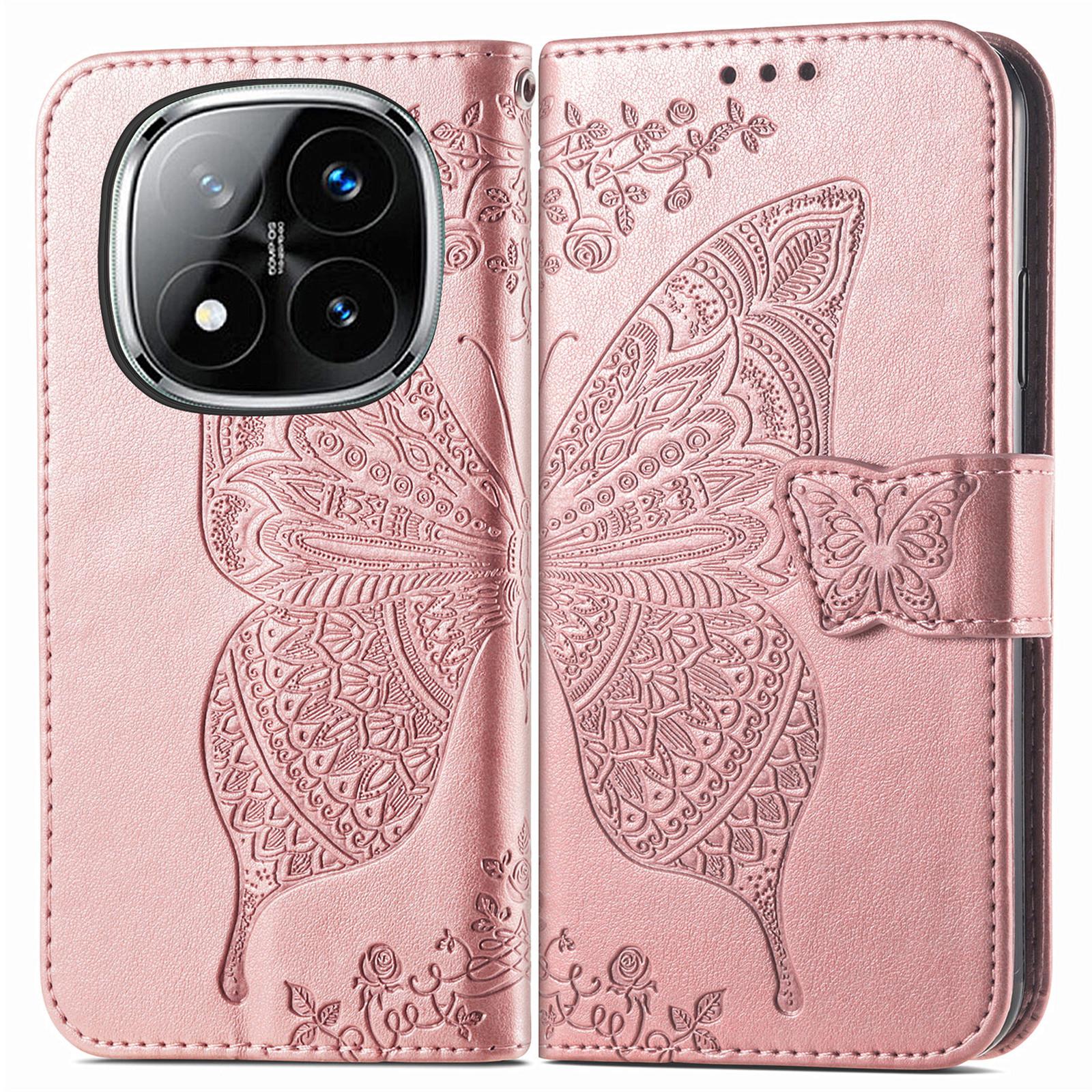 

For Xiaomi Redmi Note 14 Pro 5G/Poco X7 5G Case PU Leather Wallet Phone Cover Butterfly Pattern Rose Gold