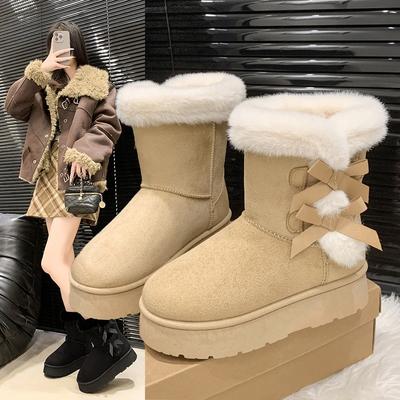 Large Size Snow Boots Women's Autumn and Winter New Wind Bow Thick Sole Heightening Piled Thickened Short Boots Cotton Boots