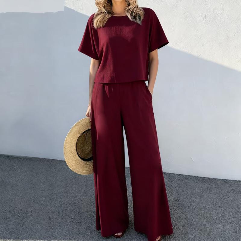 Women's Loose Fit Two Piece Pants Set Short Sleeve Crop Top Elastic Waist Wide Leg Pants Linen Blend Solid Casual Tracksuit 2026 Summer