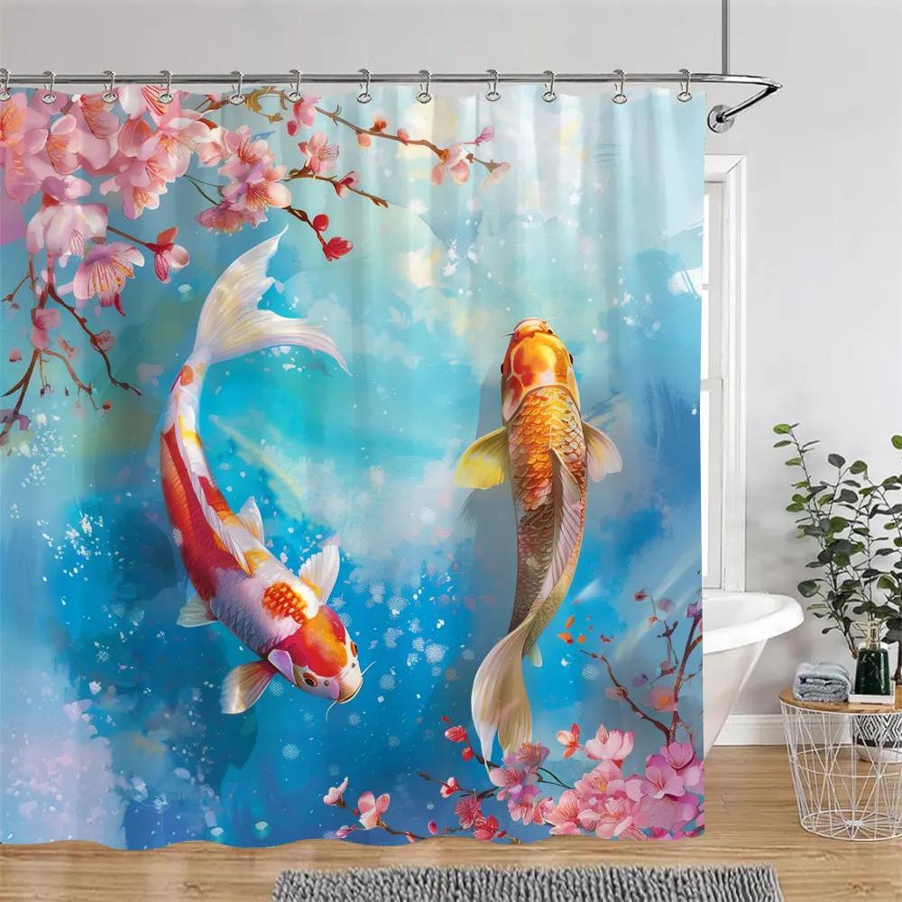 Japanese Style Shower Curtain Koi Fish Cherry Blossom Sun Sea Wave Octopus Landscape Polyester Fabric Curtains Bathroom Decor
