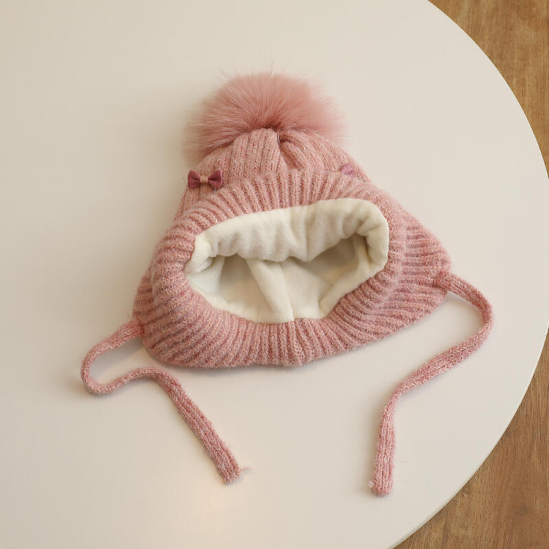 Winter Baby Girls Hat Double-Layer Cute Bows Knitted Hats Ear Protection Warm Beanie Big Pompom Kids Accessories 2-6 Years Old