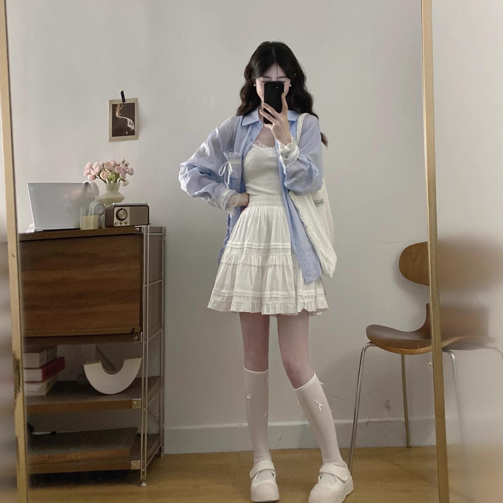 Women s Blue Lace Patchwork Slit Shirt & Camisole Skirt Set - Spring/Summer 2026 Korean Niche Style 3XL