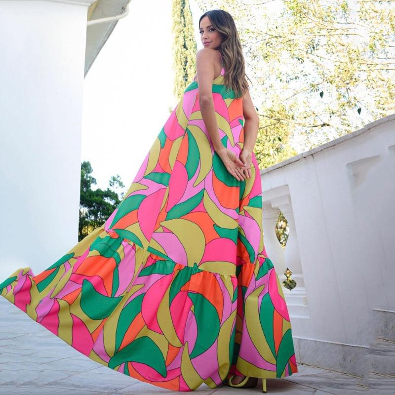 New spring and suer women's deep V backless dress Bohemian floral suspender long skirt