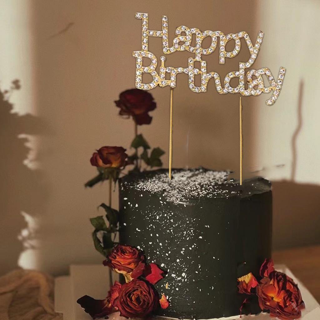 New Alloy Rhinestone Golden Silver Happy Birthday Love Cake Topper for Birthday Wedding Party Cake Decoration Supplies