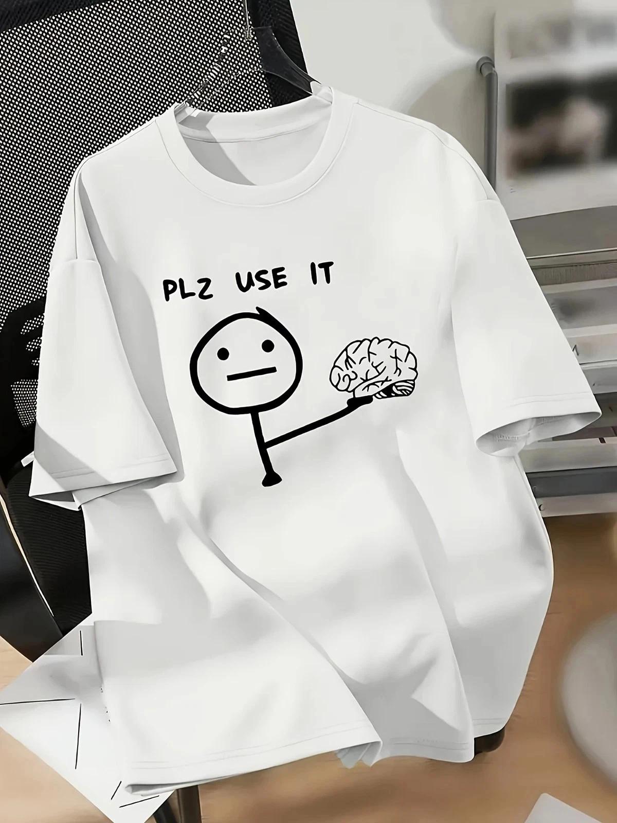 Funny Brain T Shirt PLZ USE IT Graphic Tee Unisex White Short Sleeve L