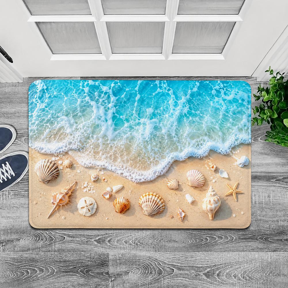 Ocean Waves Beach Shells Floor Mat Flannel Door Mat Non-Slip Washable Foam Entryway Rug for Bathroom Bedroom Entryway