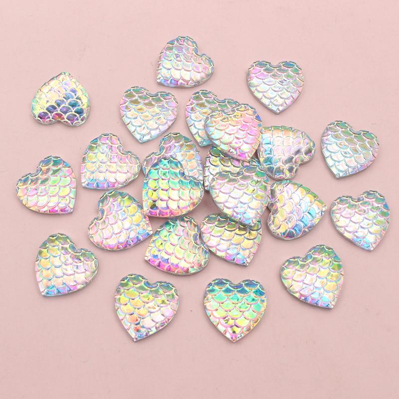 40pcs 12mm Heart Shape Mermaid Fish Scale Resin Cabochons Dome Flat Back DIY Jewelry Making Accessories for Earrings Bracelets