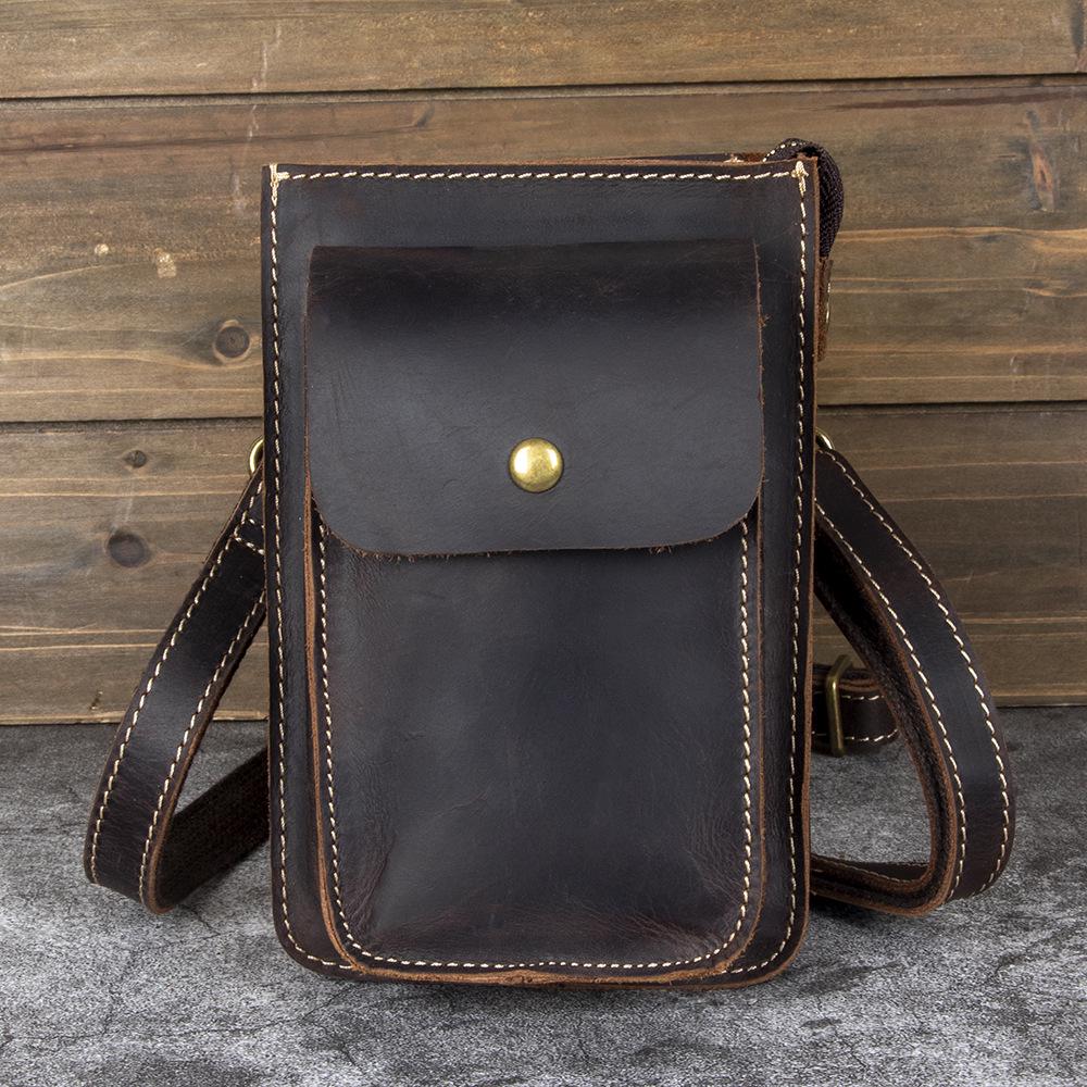 Pánská vintage ručně vyrobená kožená crossbody taška přes rameno z hovězí kůže s poutkem na opasek pro mobilní telefony