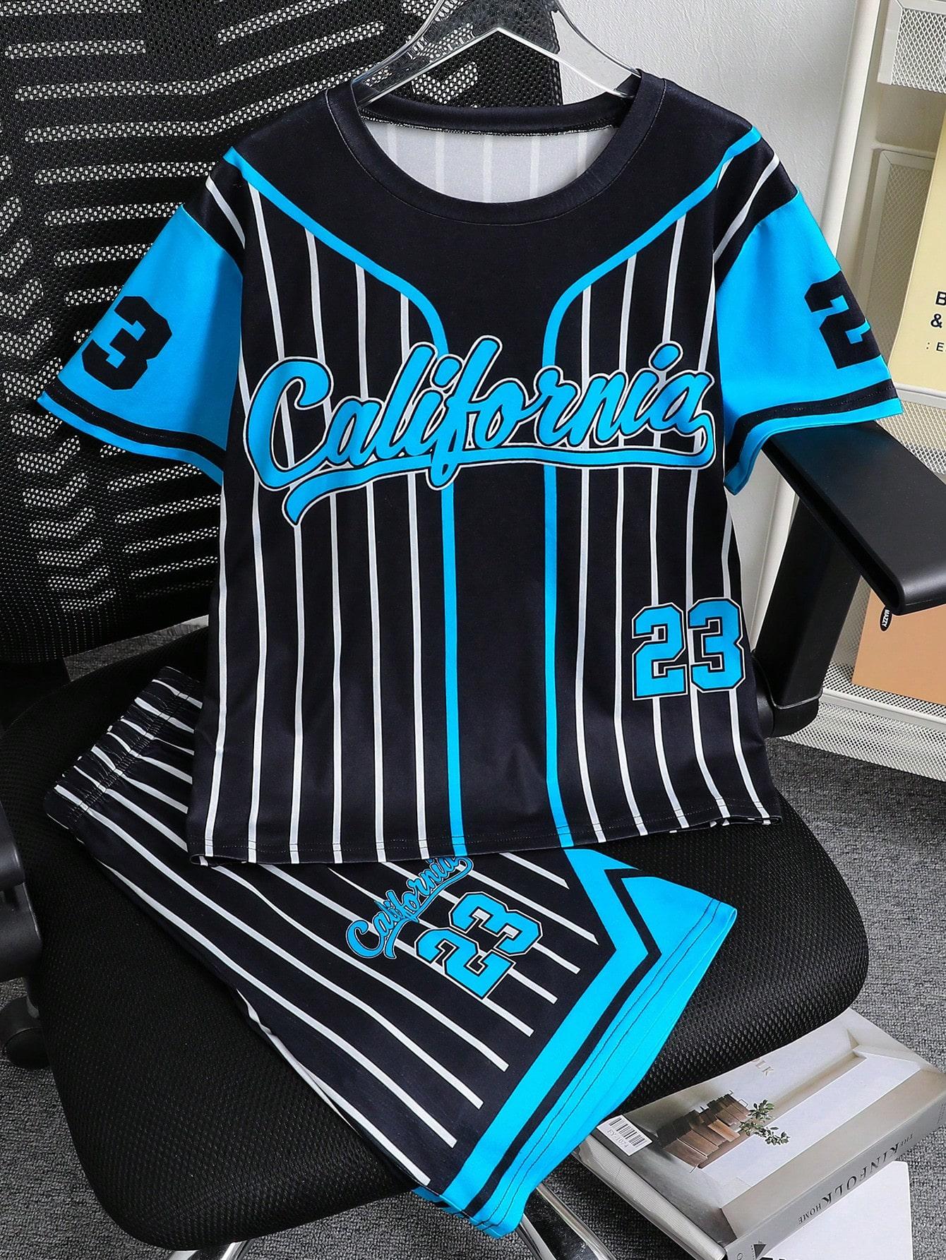 

2-piece boys outdoor sports baseball uniform style print number 23 letter California striped crew neck short-sleeved shorts spring/summer style 8Y синий