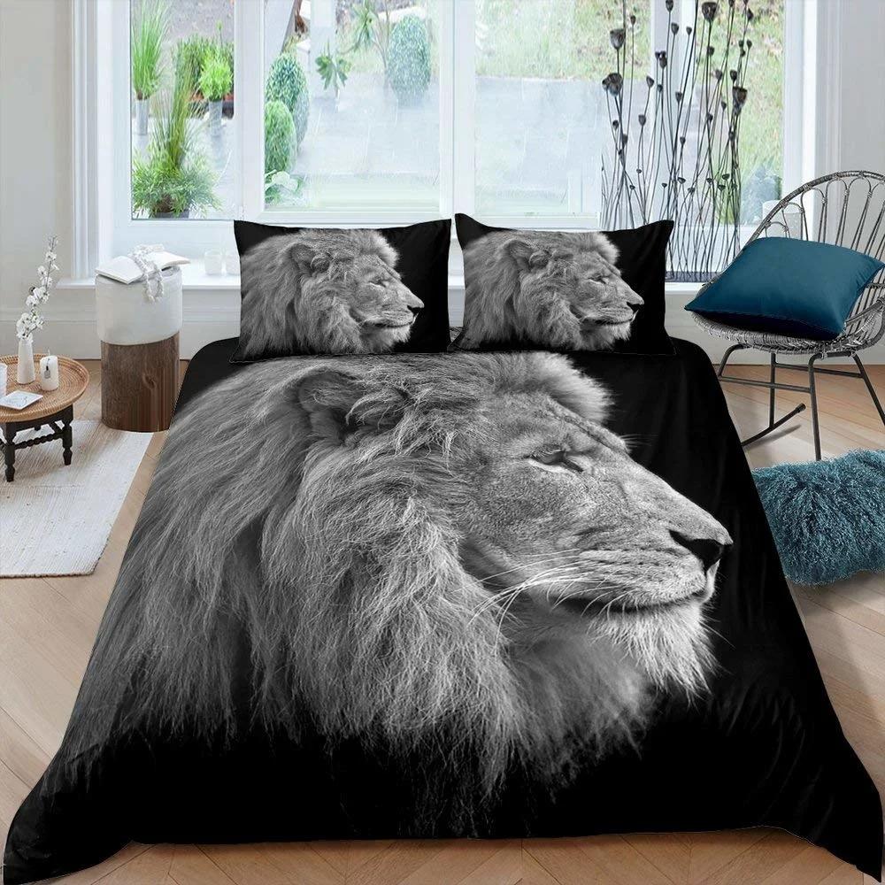 Black Lion Duvet Cover 3 Piece Bedding Set King Queen Full Size 1 Comforter 2 Pillowcase Animal Print
