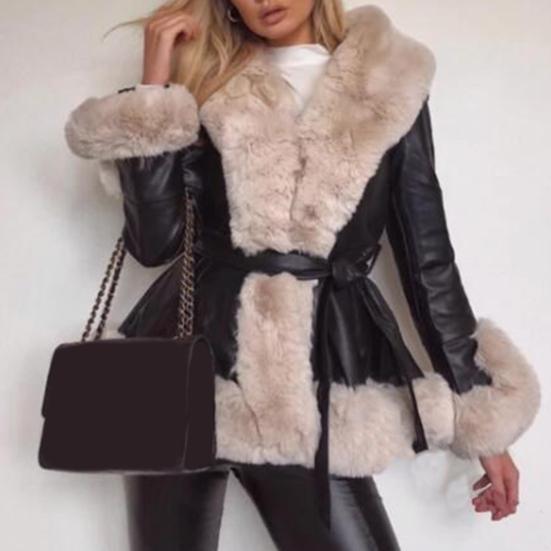 Chaqueta de manga larga con bolsillos y cinturón de punto abierto para mujer, abrigo de piel sintética con adornos de felpa para otoño e invierno