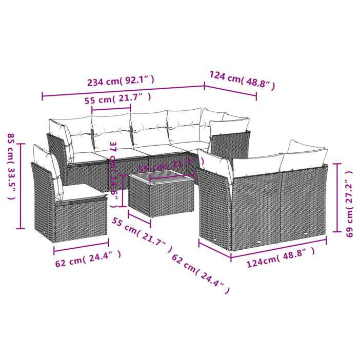 VidaXL Salon de Jardin avec Coussins 9 pcs, Canapés de Patio, Ensemble de Meubles, Mobilier de Terrasse Exterieur, Gris 3256075