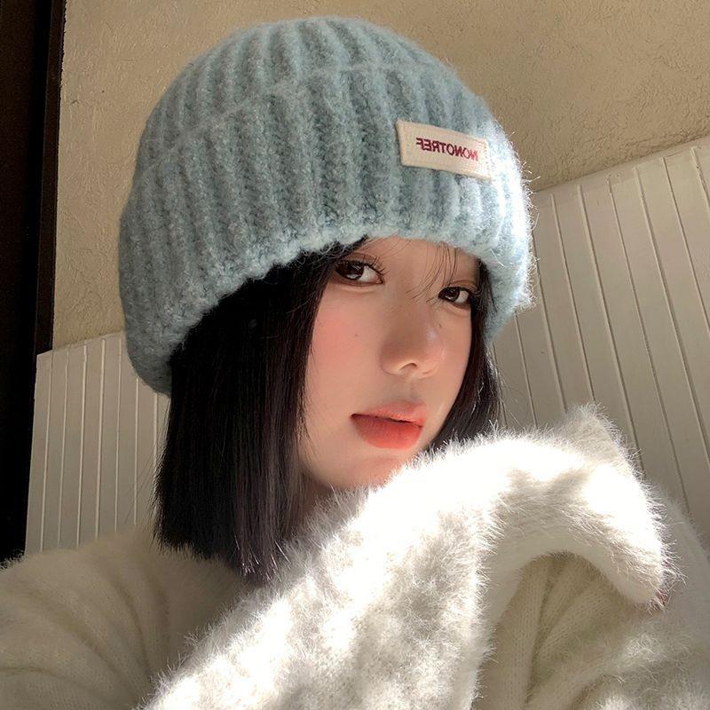 Blue Knitted Wool Hat for Women In Autumn and Winter Big Head Versatile Hat Showing Face Small Warm Ear Protection Head Hat