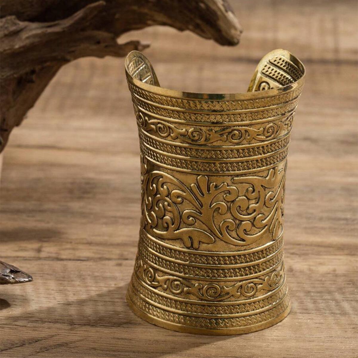 Obega Преувеличенный браслет-манжета для женщин Золотой Медный цвет Широкий браслет из тяжелого металла Уникальные узоры Хип-хоп украшения