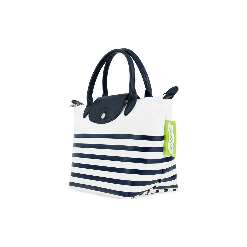 Longchamp Le Pliage 23 Striped Snap Zipper Closure Short Handle Canvas And Leather Dumpling Tote Bag Small Women Tote Bags Navy-Blue White 1621HDF165