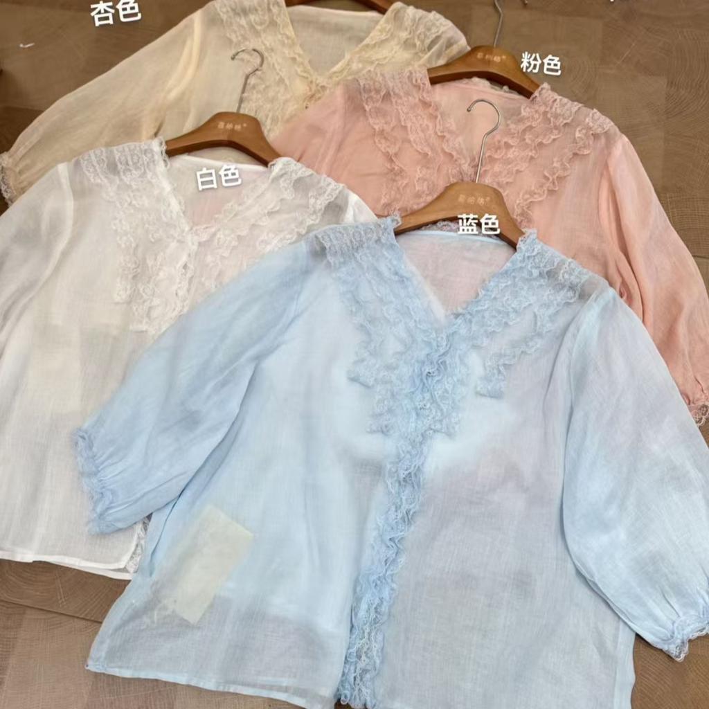 1116 Summer New Women's Crew Neck Japanese Ramie Shirt Loose Shirt French Lace Mori Women's Ins