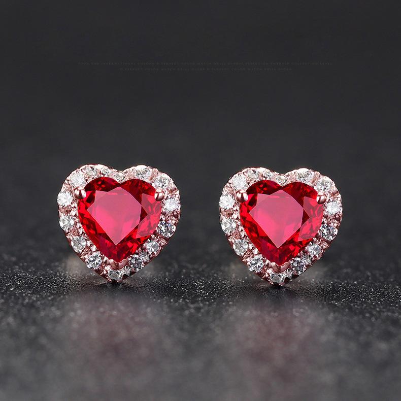 BELLA BOX New Korean Version Sweet Heart-shaped Ruby Earrings Female Temperament Love Color Treasure Earrings For Her Girlfriend's Birthday Gift