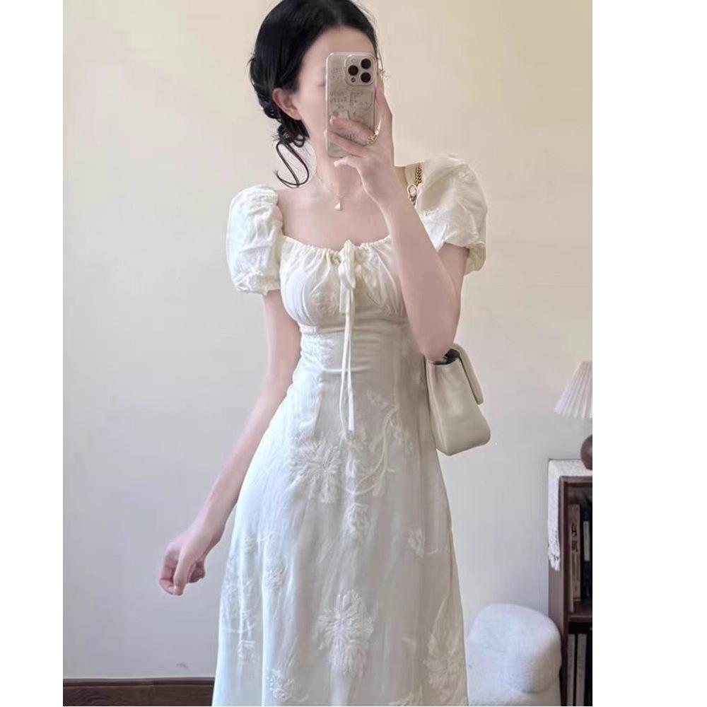 French first love pure square neck dress children's summer 2026 new waist temperament bubble sleeves fairy long dress