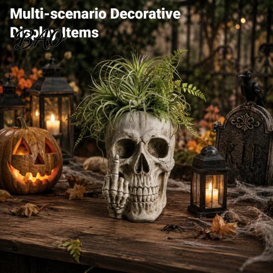 Resin Succulent Planter Gothic Skull with Middle Finger Design, Skeleton Flower Pot Retro Bone Texture Vase for Succulents, Funny Plant Ornament