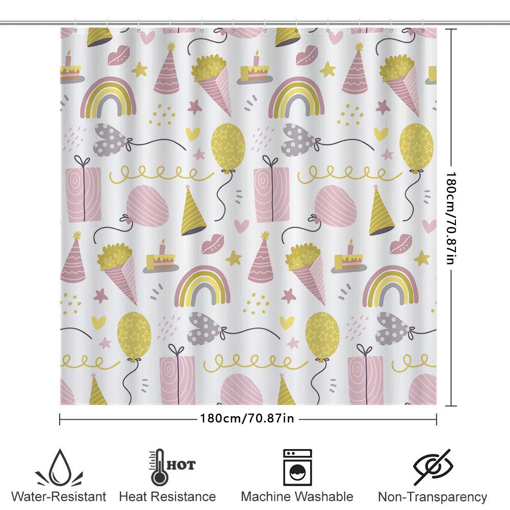 Happy Birthday Party Decorations Shower Curtain For Kids Room Pink Yellow BalloonsParty HatsCakeRainbowStarsBalloonsConfet