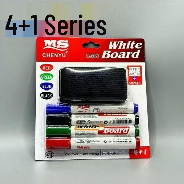 Four-Color Whiteboard Marker Set with Built-In Erasers for Meetings and Teaching.