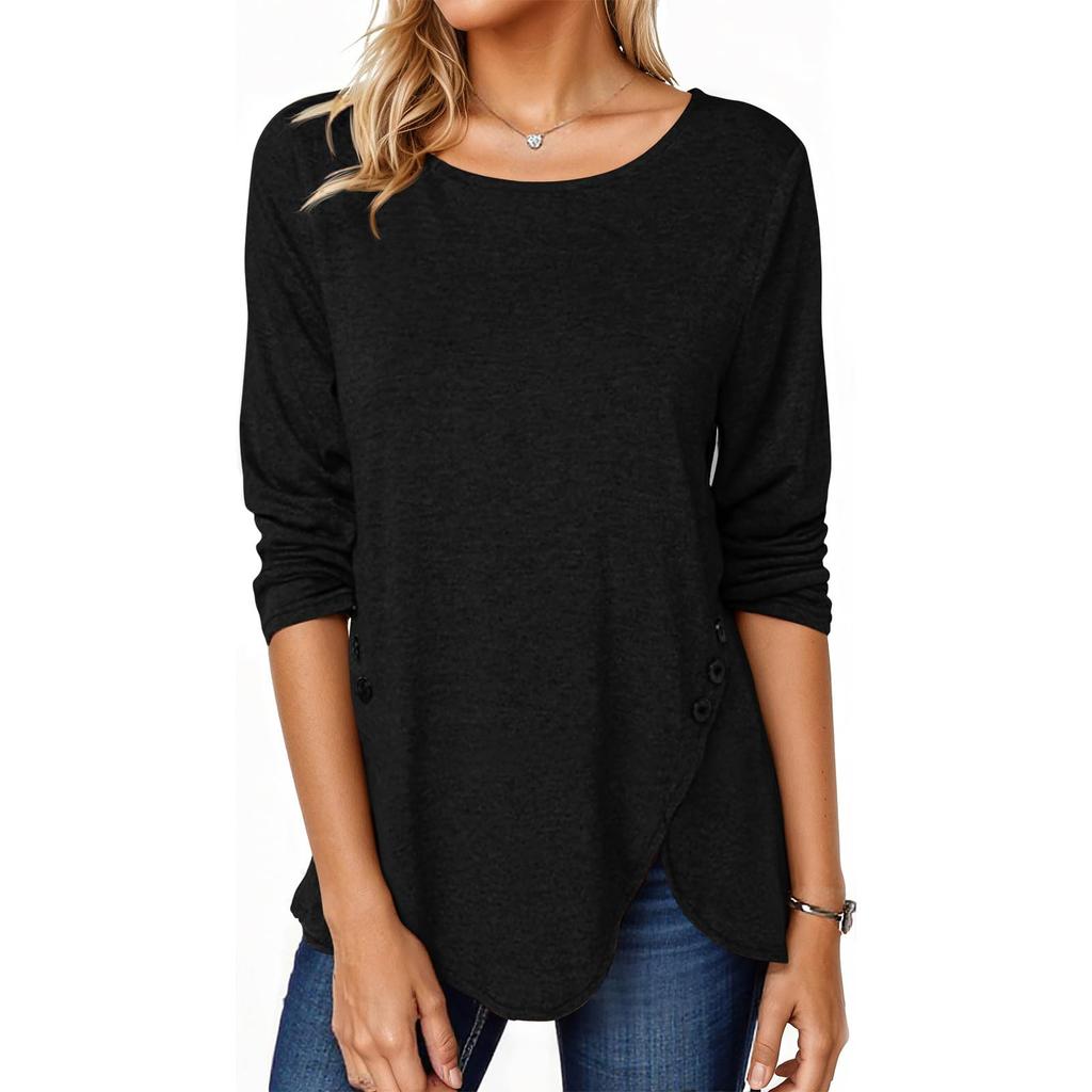 Women's T-shirt, Color, Round Neck, Long Sleeve, Irregular Button, Hem Top