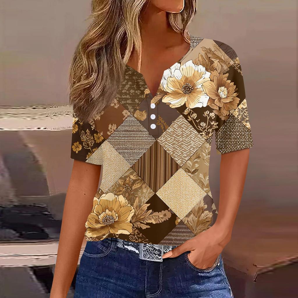 Women's Fashionable Casual Retro Print V-Neck Short Sleeve Decorative Button T-Shirt Top