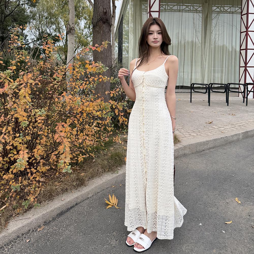 Elegant Spring/Summer French-Style Lace Slit Camisole Dress for Women Small бежевый