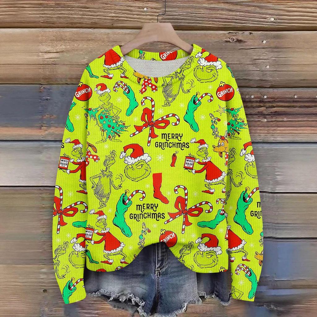 Long Sleeve Pullover Sweaters For Women O Neck Casual Cute Printing Knit Oversized Sweater