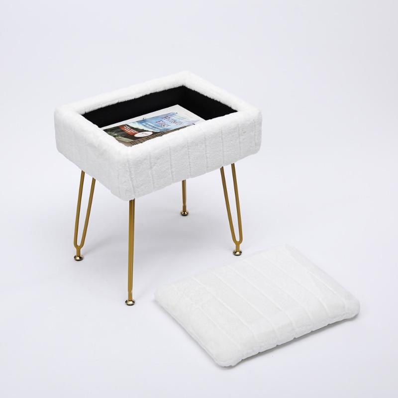 Vanity Stool Faux Fur with Storage, Anti-Slip Metal Legs Makeup Ottoman for Bedroom