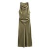 2024 European and American Fashion Black Silk Satin Midi Dress - Round Neck Sleeveless Design