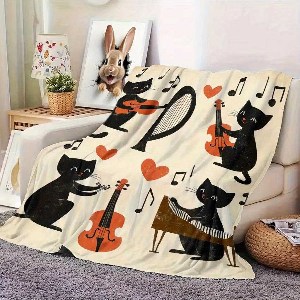 Cute Black Musician Cats Flannel Fleece Blanket Soft Machine Washable for Sofa Bed Travel Camping Home Decor Gift