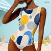 Women Plus Size High Round Neck Sleeveless Printed One Piece Swimsuit