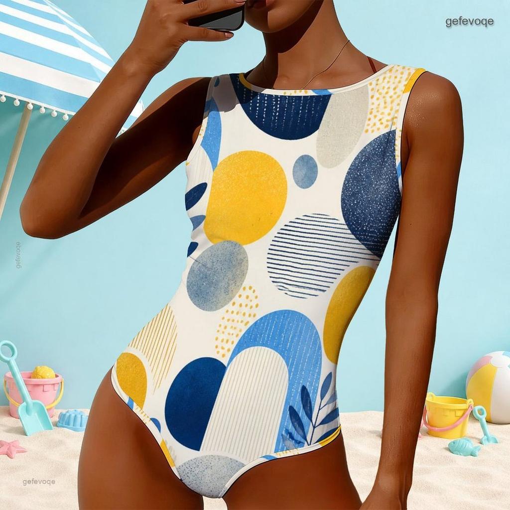 Women Plus Size High Round Neck Sleeveless Printed One Piece Swimsuit