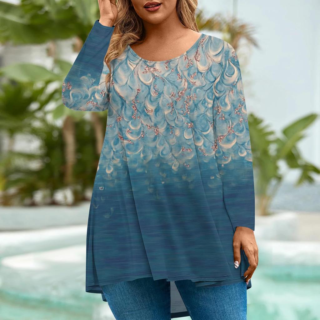 Women's Fashion Large Size Round Neck Long Sleeve Casual Print Loose Pullover Top