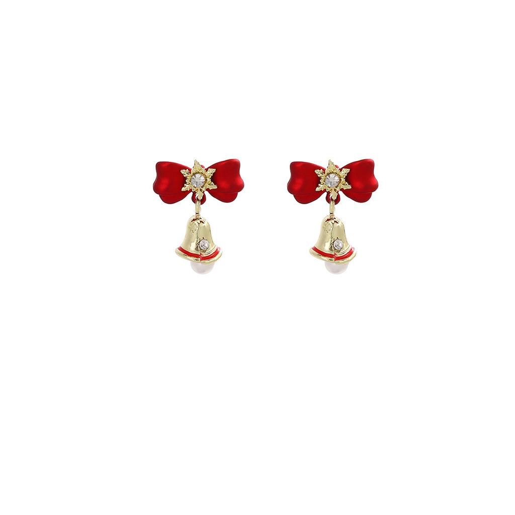 Christmas Diamond-Encrusted Snowflake Bell Pearl Stud Earrings, Light Luxury Design Red Bow New Year'S Earrings