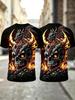 Men's 3D Fire Dragon & Skull Print T-Shirt, Gothic Flame Graphic Short Sleeve Casual Streetwear