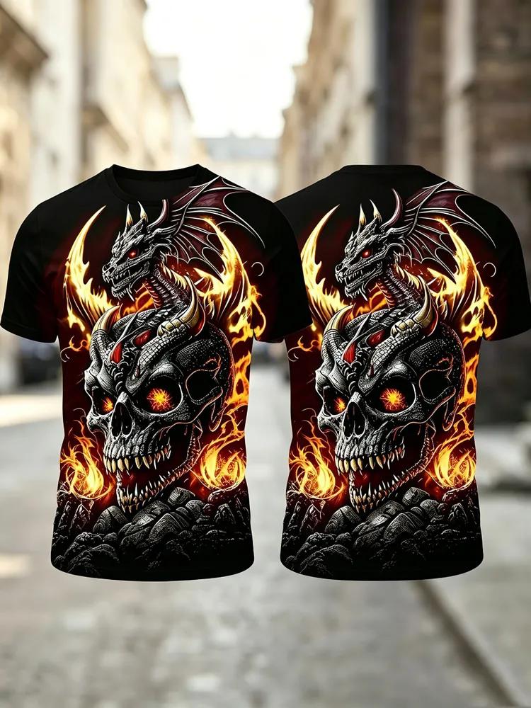 Men's 3D Fire Dragon & Skull Print T-Shirt, Gothic Flame Graphic Short Sleeve Casual Streetwear