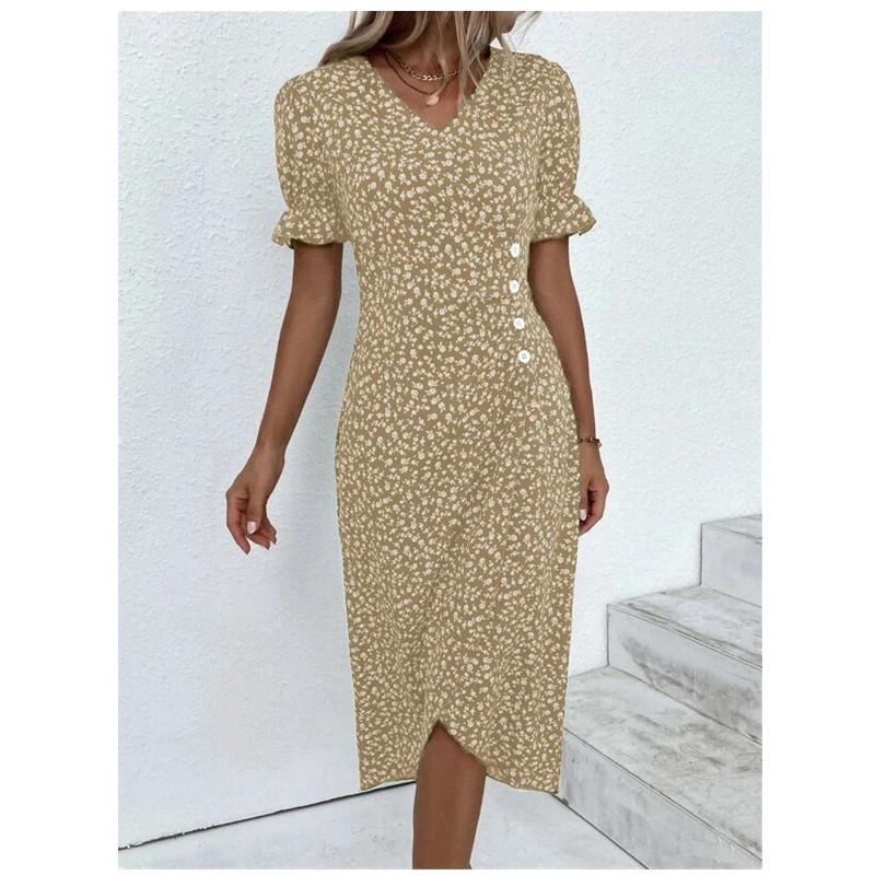 Vestito da ufficio vintage slim boho elegante con stampa floreale, maniche a sbuffo, abito da festa da donna, scollo a V, bottoni drappeggiati, irregolare, a trapezio